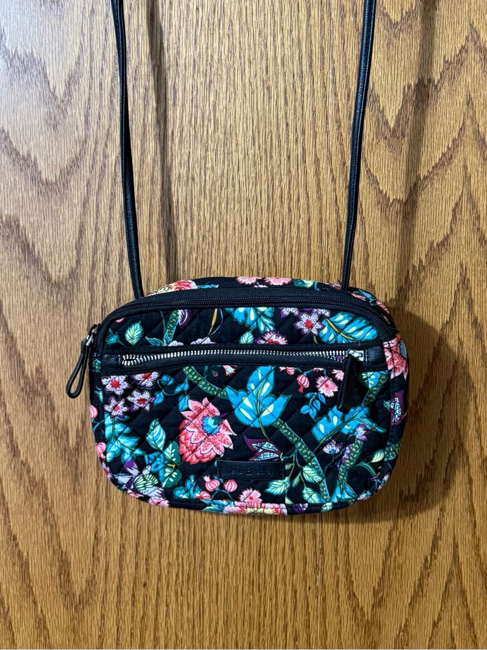 Vera Bradley Small Black Floral Crossbody with Teal and Pink Accents